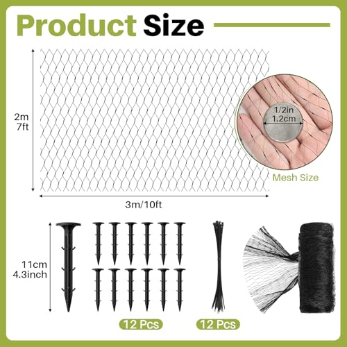 Koi Pond Netting Kit 7 x 10ft, Bird Deer Fence Netting, Durable Net Cover for Leaves, Heavy Duty Fine Mesh, Protect Fish from Blue Heron Birds, Cats & Predators, 12 Pcs Stakes & Ties Included - color: Black, size: 7 x 10ft