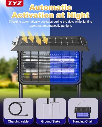 IYZ Solar Bug Zapper Outdoor, Waterproof Mosquito Zapper with Panel Sensor, Rechargeable Electric Bug Zapper Indoor Fly Trap, Camping Essentials for Patio Backyard Garden