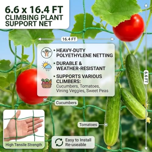6.6x16.4FT Trellis Netting for Climbing Plants, Cucumber Trellis Netting Garden Trellis Netting Flower Netting Support with Plant Clips for Cucumber, Tomato, Vegetables, Fruits, Sweet Pea Plants