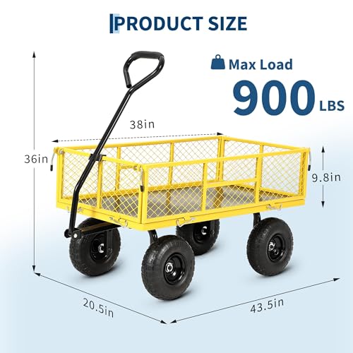 Patikuin 900 lbs Heavy Duty Steel Garden Wagon Cart – 3-in-1 Outdoor Utility Yard Trailer with Removable Mesh Sides, Convertible Flatbed, 180° Rotating Handle, 10" Wheels – For Lawn, Gardening, Yellow - color: Yellow, size: 900 Lbs
