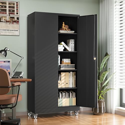 Letaya Metal Garage Storage Cabinets with Wheels,Steel Tool Cabinets Lock Door and Adjustable Shelves for Home,Office,Warehouse Organisieren (Black, 74.41" H) - color: Black, size: 16"D x 32"W x 74.41"H