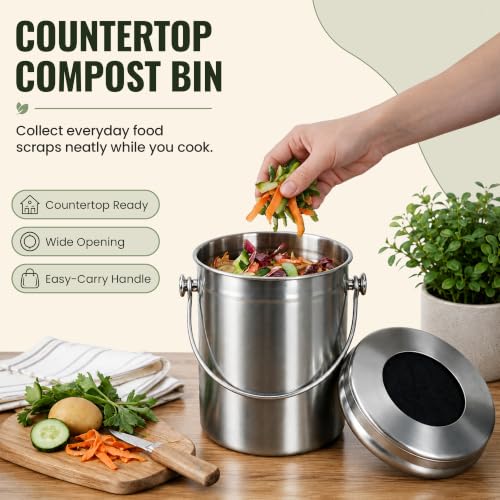Epica Kitchen Compost Bin for Kitchen Countertops, 1.3 Galllon - Silver - color: silver