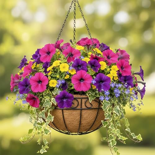 4 Pack 14 Inch Metal Hanging Planter Basket,Natural Round Coconut Hanging Plant Flower Pot,Coconut Coir Planter for Hanging Basket Flowers/Vegetables Home Garden Patio Decoration Flower - size: 14 Inch, style: Flower