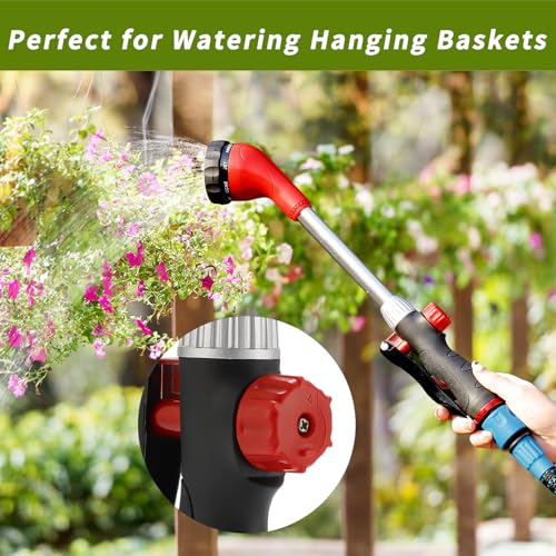 GREEN MOUNT Watering Wand, Heavy Duty Garden Hose Wand with 8 Spray Patterns, 16-Inch Hose Sprayer Nozzle with Flow Control, Ideal for Lawn and Garden Use, Red - color: Red