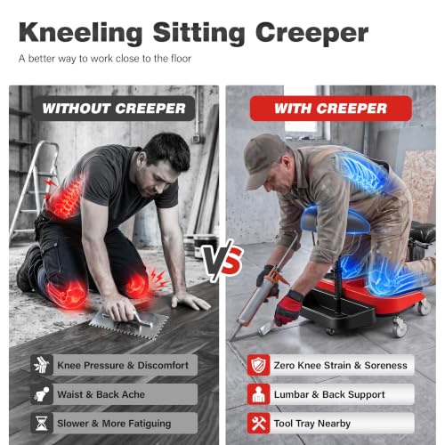 Kneeling Sitting Creeper with Chest Support, Rolling Knee Pads with Adjustable Seat & Tool Tray, 3-Inch Multi-Terrain Casters & Anti-Flip Protection for Tile Flooring, Auto Repair & Gardening