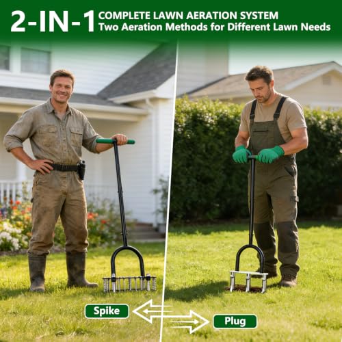 2-in-1 Lawn Aerator Tool, Manual Core Aerator with Spike & Plug Heads - color: 2 IN 1