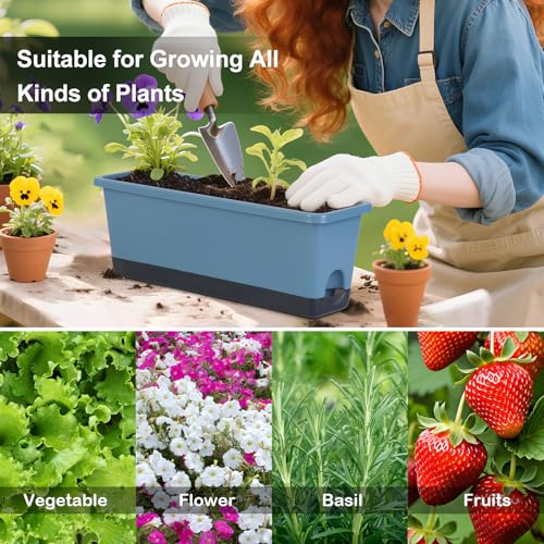 Window Box Planter 4 Packs, 17 Inches Rectangle Flower Pots with Drainage Holes & Trays, Pots for Vegetables, Herbs, Flowers, Garden Windowsill Balcony (Blue, 17 * 5.1 * 6 inch) - color: Blue
