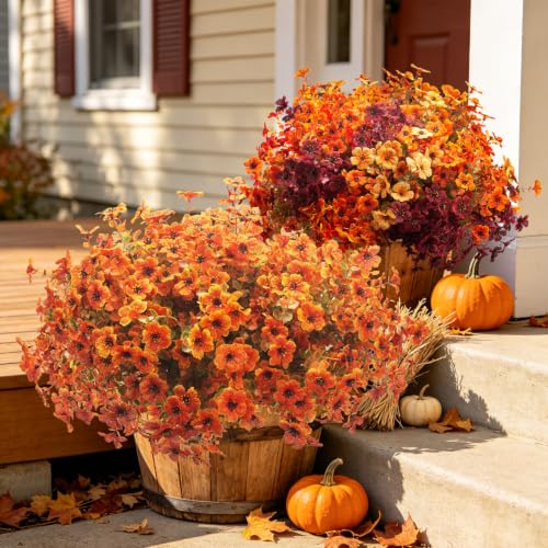 Grunyia 20 Bundles Artificial Outdoors Flowers Faux Mums Decor(Fall Red) - color: Fall Red