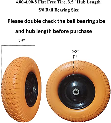 Wheelbarrow Tires 4.80/4.00-8 with 3/4 & 5/8 Ball Bearing, 3.5-6" Hub Flat Free 16 inch Solid Foamed Tire Replacement Wheelbarrow Wheel 4.80-8 for Wheel Barrel Yard Cart Garden Wagon (Set of 2)