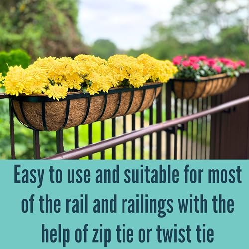 LaLaGreen Railing Planter Box (24 Inch, 4 Pack) Black Metal Rectangular Hanging Planters with Coco Liner, Flower Boxes Brackets for Deck Railings Outdoor Plants Over Rail Fence Balcony Patio Porch - size: 24" (61cm) x 4 pack