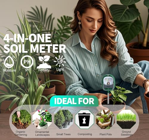 Soil Test Kit, 4-in-1 Soil Moisture Meter/Light/Fertility/Soil PH Meter for Gardening, No Need Battery Soil Tester for Indoor&Outdoor Garden,Farm,Lawn -GrassGreen