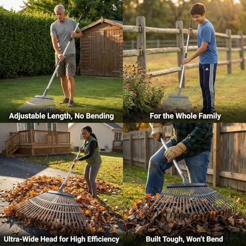 Metal Bow Leaf Rake with 25 Steel Teeth & 68" Stainless Steel Handle - size: 68-IN