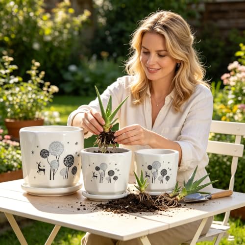 Woodland Deer Floral Ceramic Plant Pots Set of 3, Modern Nordic Planters with Drainage Hole and Saucer, Decorative Flower Pot for Indoor Houseplants, Christmas & New Year Home Decor - color: Woodland Deer Floral