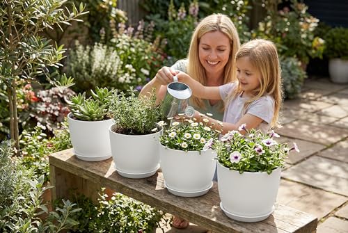 8 Inch Plant Pots Set of 4, Plastic Planters with Drainage Holes and Tray, Flower Pots for Indoor Outdoor Plants and Flowers (White) - color: White