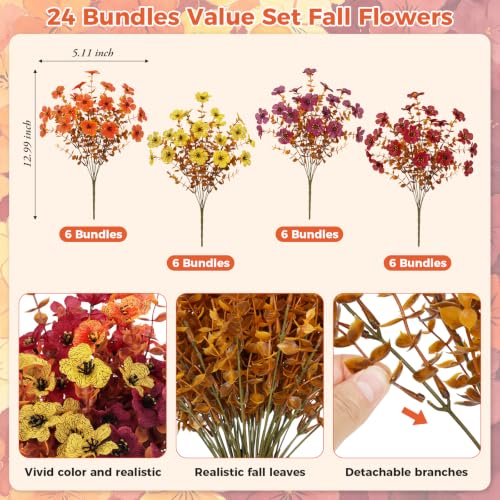 Attmu 24 Bundles Fall Artificial Flowers, Fake Mums for Outdoor Mixed Color - color: Orange 4 Color Mix