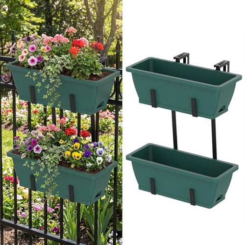 CADUKE 2-Tier Deck Railing Planter Boxes, 16.9 Inch Hanging Fence Flower Boxes with Detachable Hooks & Drain Holes for Porch & Garden, Green - color: Green