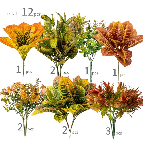 PARTY JOY 12 Bunches Artificial Fall Flowers, Fake Plants Outdoor, Fake Bushes UV Resistant Artificial Flowers Greenery Shrubs Faux Greenery for Outdoor Garden Patio Front Porch Yard Decor - color: Color Changing Wood Landscape