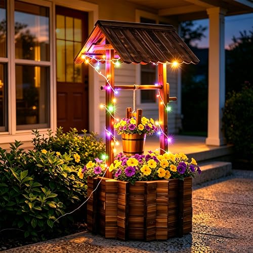 54" Outdoor Wooden Wishing Well Planter with Colorful LED Lights - color: 54" H-wishing Well Planter