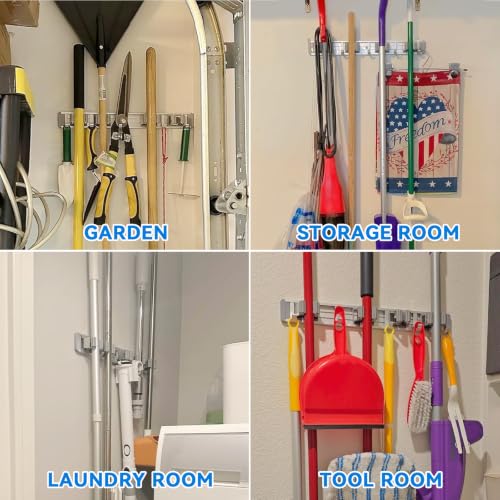 reliahom Broom Holder Wall Mount Mop Hanger Tools organizer 4Racks 5Hooks - color: Gray