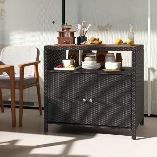 HAPPYGRILL Outdoor Rattan Storage Cabinet, Patio Sideboard Buffet Cabinet with Acacia Wood Countertop, Open Shelf & 2 Door Cabinet, Wicker Storage Organizer for Garden Tools (Mixed Brown) - color: Mixed Brown