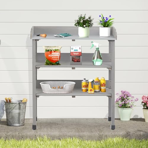 Outdoor Wooden Potting Bench Table, Garden Wood Workstation Planting Table with Metal Top, Storage Shelf, and 3 Hooks for Gardening, Grey - color: Gray