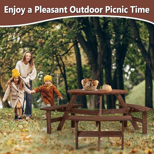 6 Person Outdoor Picnic Table, Wooden Picnic Tables with 3 Built-in Benches Table and Chairs Set with Umbrella Hole Outside Table and Bench Round Picnic Table Patio Tables for Garden, Backyard, Porch - size: 6Person-Brown