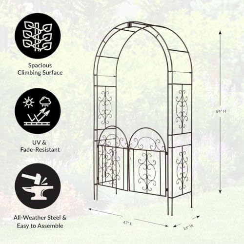 Plow & Hearth Arch Metal Outdoor Garden Arbor, 84 inches Tall, Iron Trellis Lattice for Climbing Plants, Wedding Arch, Outdoor Patio Décor (Montebello-Gunmetal with Gate) - color: Montebello-Gunmetal with Gate