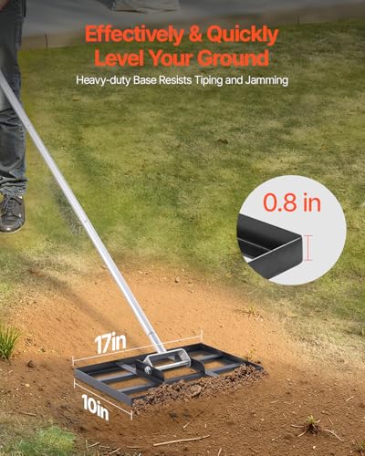 VEVOR Lawn Leveling Rake, Lawn Leveler with 78 in Handle, 17x10 in Ground Plate, Rust-Resistant Carbon Steel Soil Leveler, 5 Heights Adjustable, Effort Saving Lawn Leveling Tool for Yard Golf Court - size: 17x10 in, style: Classic: Carbon Steel