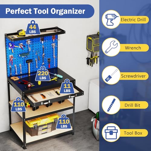 Goplus Workbench with Drawer, 32" x 16" Heavy-Duty Work Table with 2 PCS Pegboard & 4 Shelves, 19 Hanging Hooks, 495LBS Capacity, Metal Tool Storage Work Bench for Garage, Workshop, Home - color: Blue, size: 32" x 16" with Drawer