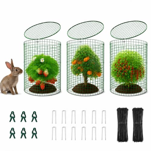 Plant Protectors from Animals 12 x 12 in Metal Chicken Wire Cloche Plant Cages for Outdoor Plants, Garden Fencing Animal Barrier with Detachable Dome Lid, Stakes & Zip Ties (3 Pack)