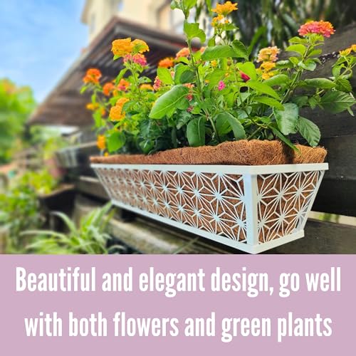 LaLaGreen Window Boxes Planter (2 Pack, 24 Inch) White Metal Rectangular Wall Planters with Coco Liner, Horse Trough Deck Railing for Outdoor Plants Holder, Modern Rail, Balcony, Fence, Porch Patio - size: 24" (61cm) x 2 pack