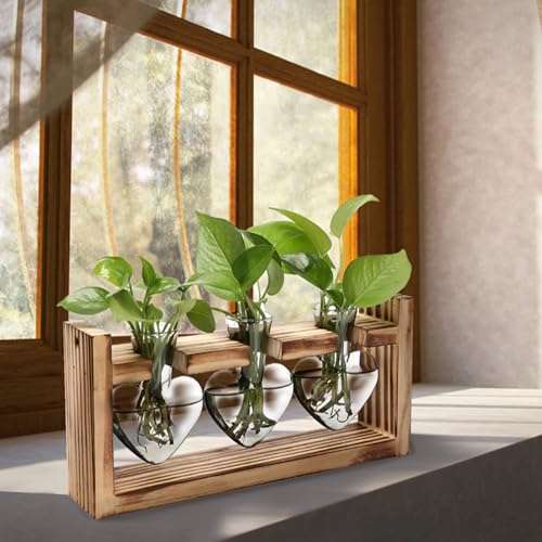 KOCASO Plant Propagation Station, Plant Terrarium with 3 Heart Shaped Vases & Wooden Stand, Desktop Glass Vase for Hydroponic Plants, Home Office Garden Decor Planter Gift for Plant Lovers