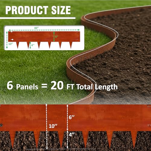 40"x10" Corten Steel Landscape Edging, 6-Pack (20ft Total) – Rusted Metal Garden Border, Lawn & Flower Bed Edging, Decorative Hammer-in Outdoor Landscaping Border for Yard, Pathways & Driveways - color: Rusted, size: 6 Pack ( 40 x 10IN )