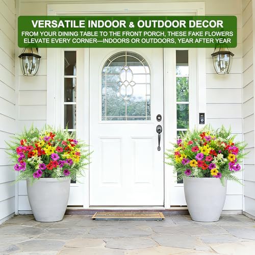 24 Bundles 8 Styles Artificial Flowers for Outdoors UV Resistant Fake Flowers Faux Plastic Plants Colorful Daisy Boston Fern Lavender Cemetery Flowers for Outside Indoor Home Porch Patio Spring Decor - color: Mixed Color