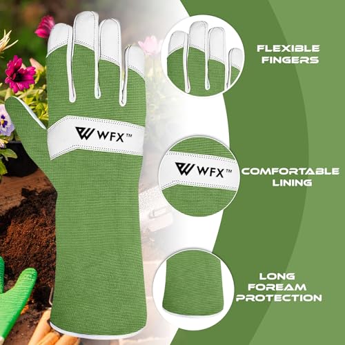 WFX Long Gardening Gloves Leather Ladies Men Women Durable Goatskin Garden Gloves Forearm Thorn Proof Work - color: Green, size: Small