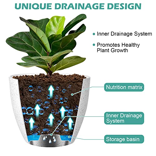 Vanavazon Plant Pots 9/8/7 Inch Set of 3 Flower Pots Indoor Outdoor Plastic Planters with Drainage Hole and Tray (Speckled White) - color: White