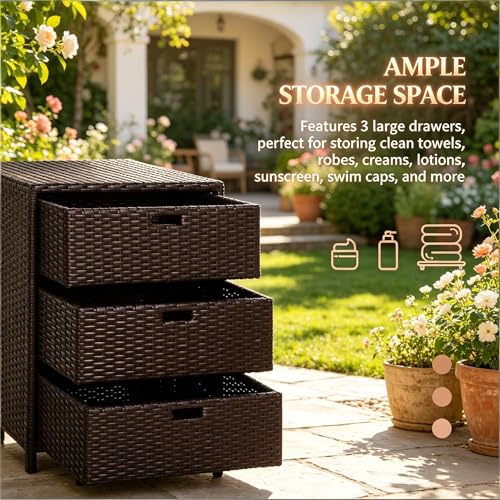 Outdoor Deck Box Storage Cabinet with 3 Drawers, Wicker Pool Towel Rack and Organizer for Patio and Garden, Water Resistant PE Rattan with Steel Frame, 23.5 x 19.8 x 32.3 Inches, Brown - color: Brown - 23.50 X 19.80 X 32.30 Inch