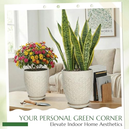 11.8 Inch Flower Pots for Indoor Plants,Ceramic Planter with Saucer Drainage Leak-Proof Mesh Gardening Gloves (Silk-White) - color: Silk-white, size: 11.8 Inch
