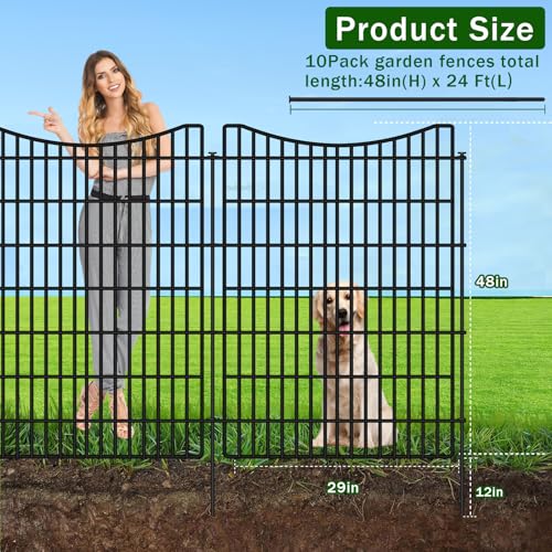 10 Panels No Dig Dog Fence Outdoor for Yard, 48 in (H) x 23.6 ft (L) Animal Barrier Fence Rustproof Metal Wire Panel Border for Dog, Tall Garden Fenceing Panels Temporary Ground Stakes for Yards,Patio - size: 48 in(H)