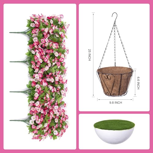 Artificial Flowers with Hanging Basket, Outdoor Faux Plants UV Resistant - color: Pink