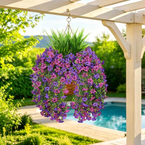 7PCS Artificial Fall Hanging Flowers for Outdoor, Six-Petaled Faux Mums - color: Purple