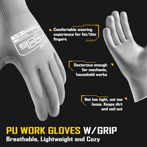 COOLJOB 12/60 Pairs Safety Work Gloves Pack Bulk with Grip PU Coating - color: Grey, size: Medium (Pack of 12)