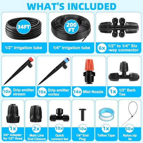 234FT Drip Irrigation System - Garden Watering System with Adjustable Three Spray Patterns with 1/2" Main Tube and 1/4" PE Distribution Tubing for Plants in Gardens, Raised Beds, Greenhouses, Lawns - size: 234FT (34FT Main Tube+200FT Distribution tube)