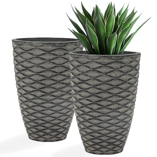 Autodaya 20" Tall Outdoor Planters Set of 2 Plant Pots, Black Wavy Texture - color: Weathered Black-20"h