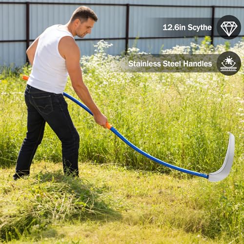 12.6'' Scythe Tool for Grass Cutting, Unique Curved Stainless Steel Pole, Adjustable Dual-hand Grip, Professional-Grade Blade, for Clearing Bushes, Vines, Fields, Ditches, Paths, Landscaping, 61in. - size: 12.6'' Scythe with 2 bending Poles