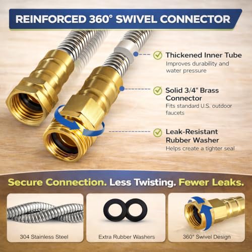 Metal Garden Hose 20 ft – 304 Stainless Steel Water Hose with Brass Fitting, Garden Hoses Flexible, Lightweight, No Kink, Heavy Duty for Outdoor (20 ft) - size: 20 Feet
