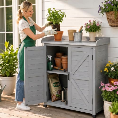 Outdoor Potting Bench with Storage Cabinet, Wooden Garden Potting Table with Metal Tabletop, Workbench Station for Patio Backyard (Classsic Grey, 31.5x17x39) - color: Classic Grey, size: 31.5x17x39