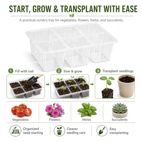 Seed Starter Trays 5 Pack, 6 Cell Nursery Tray Transparent, Plastic Seedling Starter Pots Tray for Vegetables Flowers Herbs Succulents, Plant Germination Growing Starter Tray