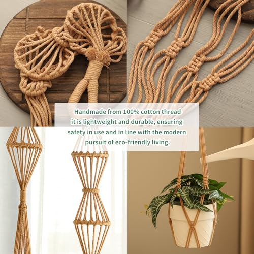 Hourglass Floating Macrame Plant Hangers 2 Pack Handmade Cotton Rope Hanging Planters Basket with S Hooks, Diamond Openwork Boho Home Decor for Indoor Outdoor, Plants Holder 35" & 39” (Caramel) - color: Caramel