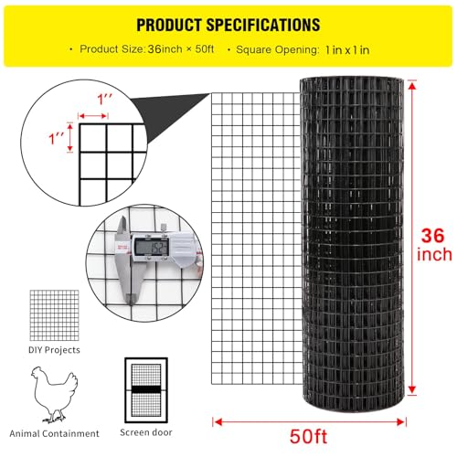 36'' x 50' 1inch Hardware Cloth 16 Gauge Black Vinyl Coated Welded Fence Mesh for Home and Garden Fence and Home Improvement Project (36'' x 50') - size: 36inch×50ft